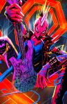  1boy boots chun_lo electric_guitar guitar highres holding holding_instrument instrument looking_at_viewer marvel mask sitting solo solo_focus spider-man:_across_the_spider-verse spider-man_(series) spider-punk spikes vest 