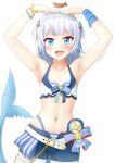  1girl :d armpits arms_up belt belt_buckle bikini bikini_under_clothes blue_eyes blue_hair blue_shorts breasts buckle collarbone commentary_request fins fish_tail front-tie_bikini_top front-tie_top gawr_gura hair_ornament highres hololive hololive_english hololive_summer_2023_swimsuit looking_at_viewer multicolored_hair navel open_clothes open_fly open_shorts prophosphere shark_tail sharp_teeth short_shorts shorts signature simple_background small_breasts smile solo star_(symbol) streaked_hair striped striped_bikini swimsuit tail teeth two_side_up virtual_youtuber white_background white_belt white_bikini 