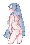  1girl angela_(project_moon) blue_hair bra breasts commentary_request cropped_legs highres large_breasts lingerie lobotomy_corporation long_hair moth_ram panties project_moon shoulder_blush side_ponytail simple_background sketch solo underwear white_background white_bra white_panties yellow_eyes 