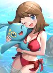  1girl ;d absurdres bikini blue_eyes breasts brown_hair cleavage commentary_request day eyelashes gonzarez highres holding holding_pokemon large_breasts manaphy may_(pokemon) medium_hair navel one_eye_closed open_mouth outdoors pokemon pokemon_(anime) pokemon_(creature) pokemon_ranger_and_the_temple_of_the_sea pokemon_rse_(anime) red_bikini rock smile swimsuit tongue water 