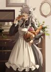  1girl absurdres animal_ears apron arknights basket bread candle commentary cup dated_commentary food frills green_eyes grey_hair hair_ornament hairclip highres holding holding_basket holding_food lappland_(arknights) long_hair looking_at_viewer maid maid_apron maid_headdress plate solo suyi-j tail wolf_ears wolf_girl wolf_tail 