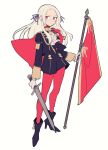  1girl ascot black_footwear cape do_m_kaeru edelgard_von_hresvelg fire_emblem fire_emblem:_three_houses flag full_body garreg_mach_monastery_uniform gloves hair_ribbon high_heels holding holding_flag holding_sword holding_weapon leggings long_hair looking_at_viewer purple_eyes red_cape red_leggings ribbon solo sword weapon white_background white_gloves white_hair 