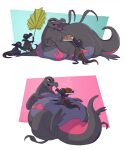  2023 anthro belly feeding female female_(lore) food generation_7_pokemon group hi_res looking_at_another lying male male_(lore) morbidly_obese morbidly_obese_anthro morbidly_obese_female multicolored_body nintendo obese obese_anthro obese_female on_back on_front open_mouth overweight overweight_anthro overweight_female pokemon pokemon_(species) relaxing salandit salazzle simple_background standing yellowhellion 