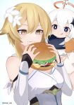  2girls :p black_eyes blonde_hair bright_pupils burger commentary_request detached_sleeves dress food food_on_face genshin_impact highres holding holding_food long_sleeves looking_down lumine_(genshin_impact) medium_hair multiple_girls paimon_(genshin_impact) simple_background tongue tongue_out twitter_username upper_body white_background white_dress white_hair white_pupils yellow_eyes yun_(kbdenz9) 