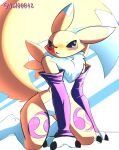  absurd_res ando bandai_namco belly blue_eyes canid canine digimon digimon_(species) female fox fur hair hi_res male male/female mammal mane mane_hair renamon solo white_belly white_body white_fur yellow_body yellow_fur 