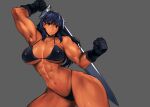  abs bikini black_bikini black_gloves blue_eyes blue_hair cowboy_shot dark_skin gloves grey_background holding holding_sword holding_weapon long_hair muscular muscular_female navel original swimsuit sword takebouzu warrior weapon 