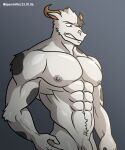  abs absurd_res alkan anthro big_chest big_muscles big_pecs black_spots bovid bovine brown_eyes cattle fur hi_res horn male mammal muscular muscular_anthro muscular_male navel nide nipples nude_anthro nude_male pecs solo spots white_body white_fur 