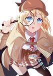  1girl absurdres blonde_hair blue_eyes breasts brown_coat brown_headwear brown_thighhighs coat collared_shirt deerstalker hair_ornament hat highres holding holding_magnifying_glass hololive hololive_english looking_at_viewer magnifying_glass medium_breasts medium_hair midnight_0232 monocle_hair_ornament necktie open_mouth red_necktie shirt syringe thigh_strap thighhighs virtual_youtuber watson_amelia watson_amelia_(1st_costume) white_background white_shirt 