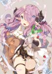  1girl black_gloves black_panties black_thighhighs blue_eyes blush braid breasts bug butterfly cup draph food fruit gloves granblue_fantasy grey_background hair_ornament hair_over_one_eye holding holding_cup horns kibii_mocha large_breasts long_hair looking_at_viewer narmaya_(granblue_fantasy) open_mouth orange_(fruit) panties pantyshot pointy_ears side_braid simple_background single_thighhigh solo spring_onion strawberry sweat thigh_strap thighhighs underwear very_long_hair 