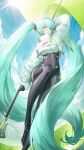  1223105337 1girl absurdly_long_hair absurdres aqua_eyes aqua_hair arm_up asymmetrical_bodysuit black_bodysuit black_gloves blue_sky bodysuit boots breasts cloud cloudy_sky commentary_request cropped_jacket flag flagpole full_body gloves goodsmile_racing green_flag hatsune_miku highres holding holding_flag jacket long_hair long_sleeves looking_ahead medium_breasts open_mouth racing_miku racing_miku_(2022) single_leg_bodysuit single_thigh_boot single_thighhigh sky smile solo standing standing_on_one_leg thigh_boots thighhighs very_long_hair vocaloid white_jacket 