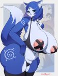  anthro areola big_breasts blue_body blue_eyes blue_fur blue_hair breasts canid canine clothing female fox fur hair hi_res huge_breasts huge_thighs inner_ear_fluff krystal legwear mammal nintendo nipple_tape nipples pasties probablynoon simple_background smile solo star_fox tape thick_thighs tuft white_body white_fur white_inner_ear_fluff wide_hips 