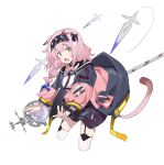  1girl absurdres animal_ears arknights black_choker black_hairband black_skirt blue_bow blue_jacket bow braid cat_ears cat_girl cat_tail choker commentary_request cropped_legs goldenglow_(arknights) hair_ornament hairband hairclip hat hat_bow highres infection_monitor_(arknights) jacket ki26 long_hair long_sleeves looking_at_viewer open_clothes open_jacket open_mouth pink_hair pink_jacket puffy_sleeves shirt simple_background skirt solo staff tail teeth thighhighs white_background white_shirt white_thighhighs yellow_eyes 