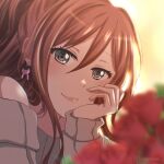  1girl bang_dream! brown_hair commentary earrings flower grey_eyes grey_sweater hair_between_eyes highres imai_lisa jewelry light_rays ponytail portrait rabbit_earrings rose signature smile sweater symbol-only_commentary xin_(blueramen) 