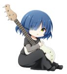  1girl black_footwear black_shirt black_skirt blue_hair bocchi_the_rock! chibi electric_guitar eyes_visible_through_hair full_body green_eyes guitar hair_over_one_eye highres holding holding_instrument instrument kuena layered_sleeves long_sleeves looking_at_viewer mole mole_under_eye parted_lips shirt shoes short_over_long_sleeves short_sleeves simple_background sitting skirt solo white_background yamada_ryou 