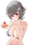  1girl black_hair breasts cake cleavage collarbone food hair_between_eyes hair_ornament highres holding holding_food jingei_(kancolle) kantai_collection large_breasts navel red_eyes sakieko short_hair simple_background solo strawberry_shortcake upper_body white_background 