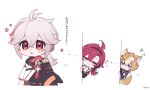  3boys :&lt; animal_ears aqua_eyes armor black_hair brown_hair chibi closed_mouth crossed_bangs dog_boy dog_ears dog_tail genshin_impact gorou_(genshin_impact) grey_hair hair_between_eyes hair_ornament highres homare_(g_hmr88) japanese_armor japanese_clothes kaedehara_kazuha male_focus multicolored_hair multiple_boys parted_lips peeking_out ponytail red_eyes red_hair shikanoin_heizou signature simple_background sparkle squiggle streaked_hair tail tassel translation_request white_background white_hair 