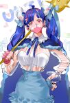  1girl ahoge asymmetrical_gloves bandaid bandaid_on_horn black_nails blue_cape blue_gloves blue_hair blue_skirt bra breasts cape character_name club_(weapon) covered_mouth curled_horns dinosaur_girl fingerless_gloves gloves hair_ornament heart heart_hair_ornament holding_club horns large_breasts long_hair looking_at_viewer mask mismatched_gloves mouth_mask multicolored_hair one_piece pink_eyes pink_gloves pink_hair pink_mask raine_(acke2445) see-through see-through_shirt shirt_tucked_in skirt solo spiked_club spiked_gloves streaked_hair twintails ulti_(one_piece) underwear weapon white_bra x_hair_ornament 