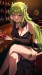  1girl absurdres alcohol alternate_costume bar_(place) breasts bug butterfly cleavage commentary_request commission crossed_legs cup dress drinking_glass earrings evening_gown feet_out_of_frame girls&#039;_frontline green_hair hair_ornament head_rest heart heart-shaped_pupils highres ibaraki_shun jewelry large_breasts legs letter_hair_ornament long_hair looking_at_viewer mk48_(girls&#039;_frontline) phonograph red_butterfly red_eyes sitting skeb_commission smile solo symbol-shaped_pupils wine wine_glass 