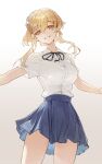  1girl alternate_costume blonde_hair blue_skirt collared_shirt contemporary cotta_(heleif) genshin_impact highres looking_at_viewer lumine_(genshin_impact) neck_ribbon outstretched_arms parted_lips ribbon shirt shirt_tucked_in short_hair_with_long_locks short_sleeves simple_background skirt smile solo white_shirt yellow_eyes 