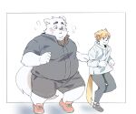 2023 anthro belly big_belly blush bottomwear canid canine canis clothing domestic_dog duo hi_res inunoshippo kemono male mammal overweight overweight_male pants shirt shorts simple_background topwear 