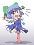  1girl animal barefoot blue_dress blue_eyes blue_hair blush bow cirno collared_shirt detached_wings dress fairy fang frog full_body green_bow hair_between_eyes hair_bow highres ice ice_wings open_mouth rokugou_daisuke shirt short_hair short_sleeves signature smile solo standing standing_on_one_leg touhou white_shirt wings 