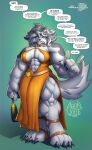  agonwolfe anthro big_muscles biped blue_eyes canid canine canis champagne_bottle clothing dialogue digitigrade domestic_dog dress eyewear female glasses grey_body hair happy hi_res huge_muscles humanoid husky hyper hyper_muscles mammal messy_hair muscular nordic_sled_dog orange_clothing orange_dress smile solo spitz standing were werecanid werecanine werewolf 