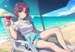  1girl ahoge aqua_skirt asakura_toru beach beach_chair blush breasts cocktail_glass cropped_shirt cup drinking_glass food fruit holding holding_cup idolmaster idolmaster_shiny_colors kamille_(vcx68) knee_up lemon lemon_slice looking_at_viewer medium_breasts on_chair outdoors parasol pleated_skirt sitting skirt smile solo thigh_strap umbrella 