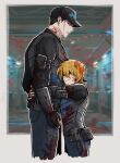  1boy 1girl 4indroid armor baseball_cap belt belt_pouch black_hair blonde_hair blood blood_on_body blood_on_clothes blood_on_face blood_on_hands bulletproof_vest closed_eyes don_quixote_(limbus_company) english_commentary green_eyes hat height_difference highres hug limbus_company logo meursault_(limbus_company) pants pocket pouch project_moon vest 