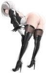  1girl 2b_(nier:automata) absurdres ass back_cutout bent_over boots clothing_cutout elbow_gloves eye_mask full_body gloves high_heel_boots high_heels highleg highleg_leotard highres kurone_rinka leotard mole mole_under_mouth nier:automata nier_(series) parted_lips short_hair simple_background skindentation solo thigh_boots thighhighs white_background white_hair 