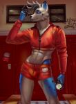  abs anthro athletic beverage bottomwear canid canine catpumpkin clothing deer energy_drink gym gym_clothing hi_res jacket locker male mammal red_clothing shorts solo sport topwear 