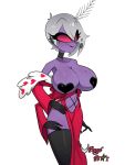  anthro arthropod breasts clothed clothing crossgender demon eyelashes female hair hazbin_hotel hi_res insect lepidopteran mature_female moth mtf_crossgender multi_arm multi_limb partially_clothed purple_body red_eyes smile solo tape usagi_star valentino_(hazbin_hotel) white_hair 