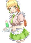  1girl absurdres alternate_costume apron blonde_hair blunt_bangs breasts cowboy_shot cup drink enmaided frills green_eyes green_skirt heanna_sumire highres holding holding_tray light_blush long_hair looking_at_viewer love_live! love_live!_superstar!! maid maid_apron maid_headdress medium_breasts open_mouth puffy_short_sleeves puffy_sleeves short_sleeves signature simple_background skirt solo surv1v3-13005993 sweatdrop thighhighs tray white_background white_thighhighs 