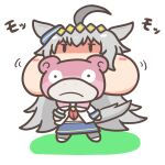  1girl ahoge animal_ears blue_skirt blush_stickers cheek_bulge chibi commentary ear_ornament eating frown grey_hair hairband horse_ears horse_girl horse_tail jacket jitome long_hair long_sleeves mega_pokemon mega_slowbro midriff_peek motion_lines muji multicolored_hair neckerchief oguri_cap_(umamusume) red_neckerchief shaded_face sidelocks simple_background skirt slowbro sound_effects standing tail two-tone_hair umamusume very_long_hair white_jacket yellow_hairband 