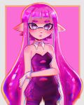  1girl :o black_dress blunt_bangs border breasts callie_(splatoon) callie_(splatoon)_(cosplay) chromatic_aberration cleavage collar cosplay dress english_commentary gloves grey_border highres inkling inkling_girl long_hair looking_at_viewer medium_breasts pantyhose pink_background pink_hair pointy_ears ruinique simple_background solo splatoon_(series) teeth upper_teeth_only very_long_hair white_collar white_gloves yellow_border 
