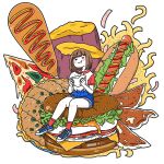  1girl absurdres blue_footwear blue_shorts blush_stickers brown_hair burger cheese closed_eyes eating food food_focus food_request highres hot_dog kichi_momig lettuce meat medium_hair no_nose original oversized_food pizza red_socks shoes short_sleeves shorts sitting socks solo tomato tomato_slice white_background wide_shot 