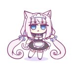  1girl animal_ear_fluff animal_ears apron blue_bow blue_eyes blue_footwear blunt_bangs blush bow cat_ears cat_girl cat_tail chibi kashimu long_hair looking_at_viewer low_twintails maid maid_apron maid_headdress nekopara open_mouth ribbon simple_background solo tail thighhighs twintails vanilla_(nekopara) white_hair white_ribbon 