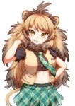  1girl animal_ear_fluff animal_ears bare_arms breasts brown_hair brown_vest cape_lion_(kemono_friends) cropped_shirt ev_(kemomimizuku) eyelashes fangs fur_collar green_necktie green_skirt grey_background grin hand_in_own_hair hand_on_own_hip hand_up head_tilt highres kemono_friends light_brown_hair lion_ears lion_girl lion_tail long_hair looking_at_viewer midriff miniskirt multicolored_hair navel necktie no_bra open_clothes open_vest plaid plaid_necktie plaid_skirt shirt short_sleeves simple_background skirt smile solo stomach tail underboob upper_body v-shaped_eyebrows very_long_hair vest yellow_eyes 