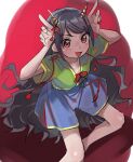  1girl blue_shorts curly_hair flip-flops from_above green_shirt horns index_finger_raised long_hair looking_at_viewer nippaku_zanmu oni oni_horns sandals shirt shorts skinny smile string string_of_fate touhou unfinished_dream_of_all_living_ghost very_long_hair yellow_horns 