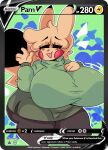  anthro big_breasts blonde_hair bottomwear breasts card clothing dipstick_ears dipstick_tail english_text eyes_closed female generation_1_pokemon hair huge_breasts lewd_dorky markings mature_anthro mature_female multicolored_ears nintendo open_mouth pam_thunder_(lewd_dorky) pants pikachu pokemon pokemon_(species) skirt solo sweater tail tail_markings text thick_thighs topwear wide_hips yellow_body 