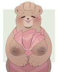  anotherbearsimp anthro areola bear bear_and_breakfast biped blush border breasts brown_body brown_fur eyes_closed female fur hi_res mammal nipples open_mouth simple_background solo white_border 