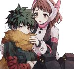  1boy 1girl arm_on_thigh bags_under_eyes blush bodysuit boku_no_hero_academia bright_pupils brown_eyes brown_hair cape coi_mha dirty dirty_clothes dot_nose embarrassed film_grain flying_sweatdrops freckles green_bodysuit green_eyes green_hair hand_on_another&#039;s_back hands_up headgear knees_up long_sleeves looking_at_another midoriya_izuku narrowed_eyes official_alternate_costume open_mouth pale_skin short_hair sidelocks simple_background sitting smile spoilers swept_bangs torn_cape torn_clothes torn_sleeve upper_body uraraka_ochako white_background white_pupils yellow_cape 