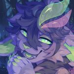  1:1 ambiguous_gender anthro claws corzh77 fur green_claws green_eyes green_inner_ear_fluff green_nose green_tongue grey_hair hair hi_res inner_ear_fluff looking_at_viewer narrowed_eyes open_mouth open_smile outside plant pupils purple_body purple_fur purple_sclera purple_teeth smile solo tongue tree tuft white_pupils 