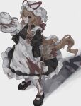  1girl broom brown_hair cup empty_eyes from_above gap_(touhou) hat highres holding holding_broom holding_tray long_hair mob_cap shindiyue solo spill standing teacup teapot touhou tray very_long_hair yakumo_yukari 