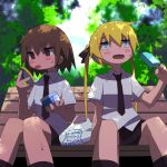  2girls bag bench black_ribbon black_skirt blonde_hair blue_eyes blush brown_eyes brown_hair day food hair_between_eyes hair_ribbon highres holding ice_cream_tub kill_me_baby kneehighs multicolored_hair multiple_girls necktie open_mouth oribe_yasuna outdoors plastic_bag pleated_skirt popsicle ribbon school_uniform shirt short_hair short_sleeves sitting skirt socks sonya_(kill_me_baby) sweat tongue tongue_out twintails white_shirt yachima_tana 