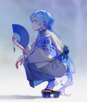  1boy absurdres alternate_costume arknights blue_hair blue_kimono bracelet closed_mouth commentary_request expressionless feet from_side full_body hand_fan highres holding holding_fan infection_monitor_(arknights) japanese_clothes jewelry kimono long_hair long_sleeves mizuki_(arknights) profile purple_eyes sandals shangxitu solo squatting stirrup_legwear toeless_legwear toenails toes two-tone_kimono very_long_hair white_kimono 