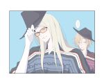  ... 2boys absurdres aqua_background black_nails blonde_hair cowboy_hat fate/grand_order fate_(series) hat highres long_hair male_focus multiple_boys official_alternate_costume orange-tinted_eyewear poncho removing_hat simple_background speech_bubble suica7777777 sunglasses tezcatlipoca_(fate) tinted_eyewear upper_body 