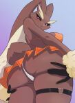 2023 anthro black_sclera breasts brown_body brown_butt brown_fur brown_tail butt clothed clothing female fingers fur generation_4_pokemon hi_res kinhey lopunny low-angle_view nintendo nipple_outline open_mouth pokemon pokemon_(species) solo tail teeth tongue 