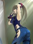  1girl arm_up ass belt blue_eyes blue_leotard blue_pants bracelet breasts brown_hair commentary_request cowboy_shot crossover fingerless_gloves gloves god_eater god_eater_3 god_eater_resonant_ops hair_over_one_eye hair_tie_in_mouth highres hip_vent holding holding_hair indoors jewelry leotard light_blush light_rays long_hair looking_at_mirror medium_breasts mirror miya_(savacatora) mouth_hold no_panties pants ponytail solo sunbeam sunlight tales_of_(series) tales_of_the_abyss tales_of_the_rays tear_grants thigh_pouch thigh_strap tying_hair 