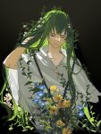  1other androgynous black_background blue_flower closed_eyes closed_mouth collarbone enkidu_(fate) fate/grand_order fate/strange_fake fate_(series) flower green_hair hand_in_own_hair hand_up highres long_hair robe simple_background smile solo upper_body very_long_hair white_flower white_robe yanfenguo_gao yellow_flower 
