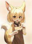  2023 4_fingers absurd_res anthro bell blonde_hair blush breasts canid canine claws collar cute_fangs digital_media_(artwork) dipstick_tail female female_anthro finger_claws fingers fox fur gloves_(marking) hair half-length_portrait hi_res inner_ear_fluff jingle_bell kemono koooooooya_2 looking_at_viewer mammal markings open_mouth pawpads portrait short_hair small_breasts solo tail tail_markings tan_eyes tongue tuft white_body white_fur yellow_body yellow_fur 